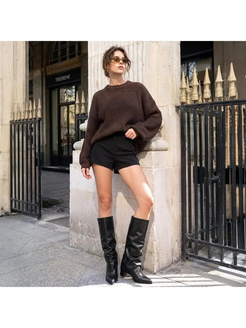 Women's Black Pointed Toe Pu Leather Chunky Heel Fold Over Knee High Boots